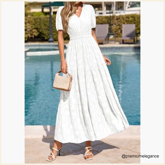 Boho Flowy Maxi Dress V-Neck Short Sleeves Elastic Waist Pockets - Picture 2 of 7